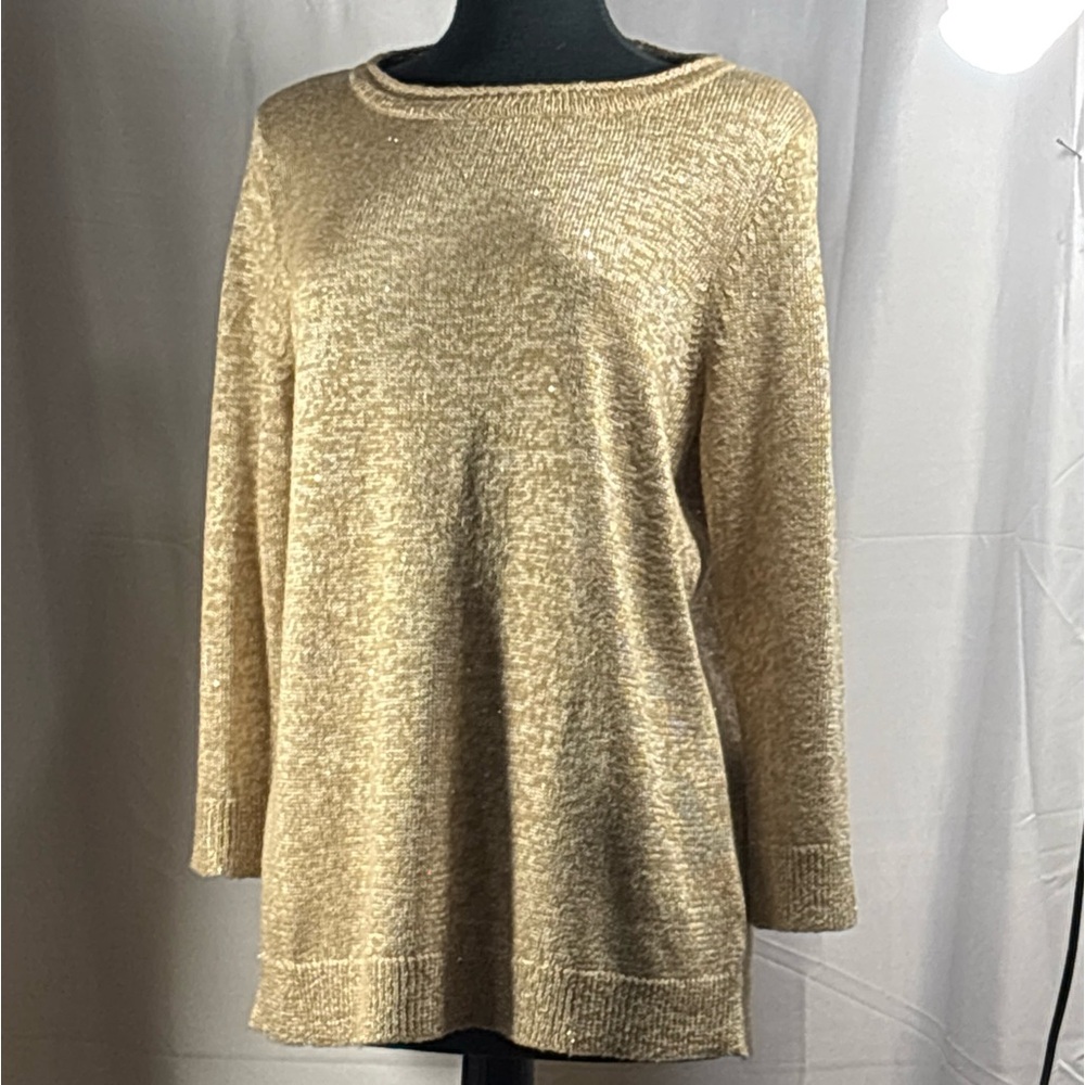 Talbots Metallic Gold Crew Neck Sweater XL Pullover Sequin Knit Glittery Party